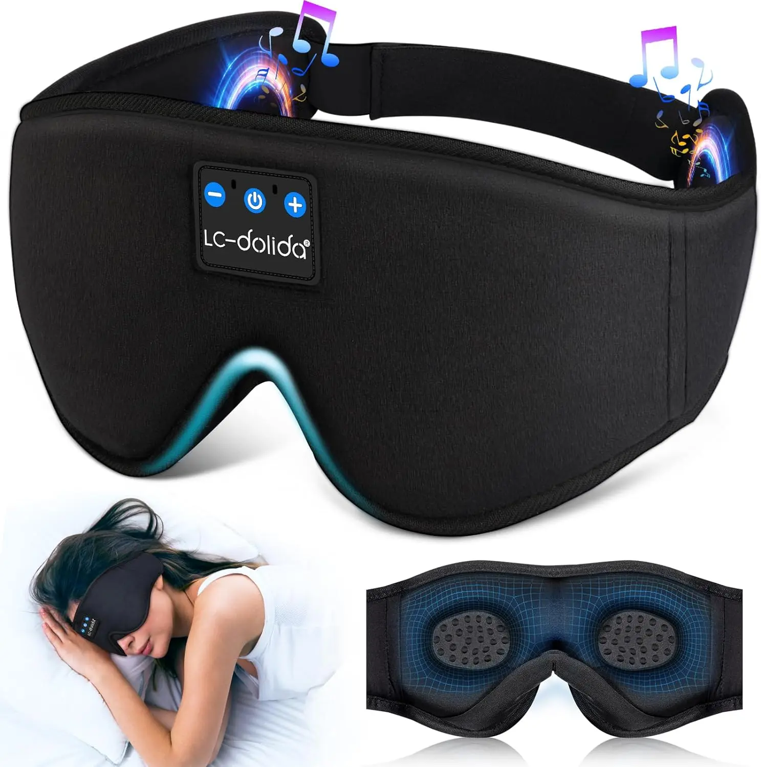 LC-dolida Eye Mask Bluetooth Earphones Sleeping Hacks Ice Silk Eye Mask ,Suitable for Side Sleeping During Lunch Break