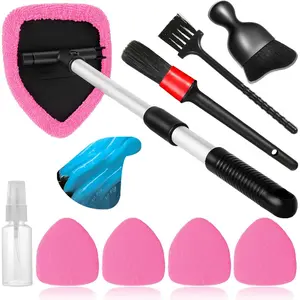 10 count Windshield Cleaner Tool,  Window Cleaning Wash Kit with 4 Reusable Microfiber Pads 1 Spray Bottle and Extendable Handle Auto Glass Wiper Kit, Pink