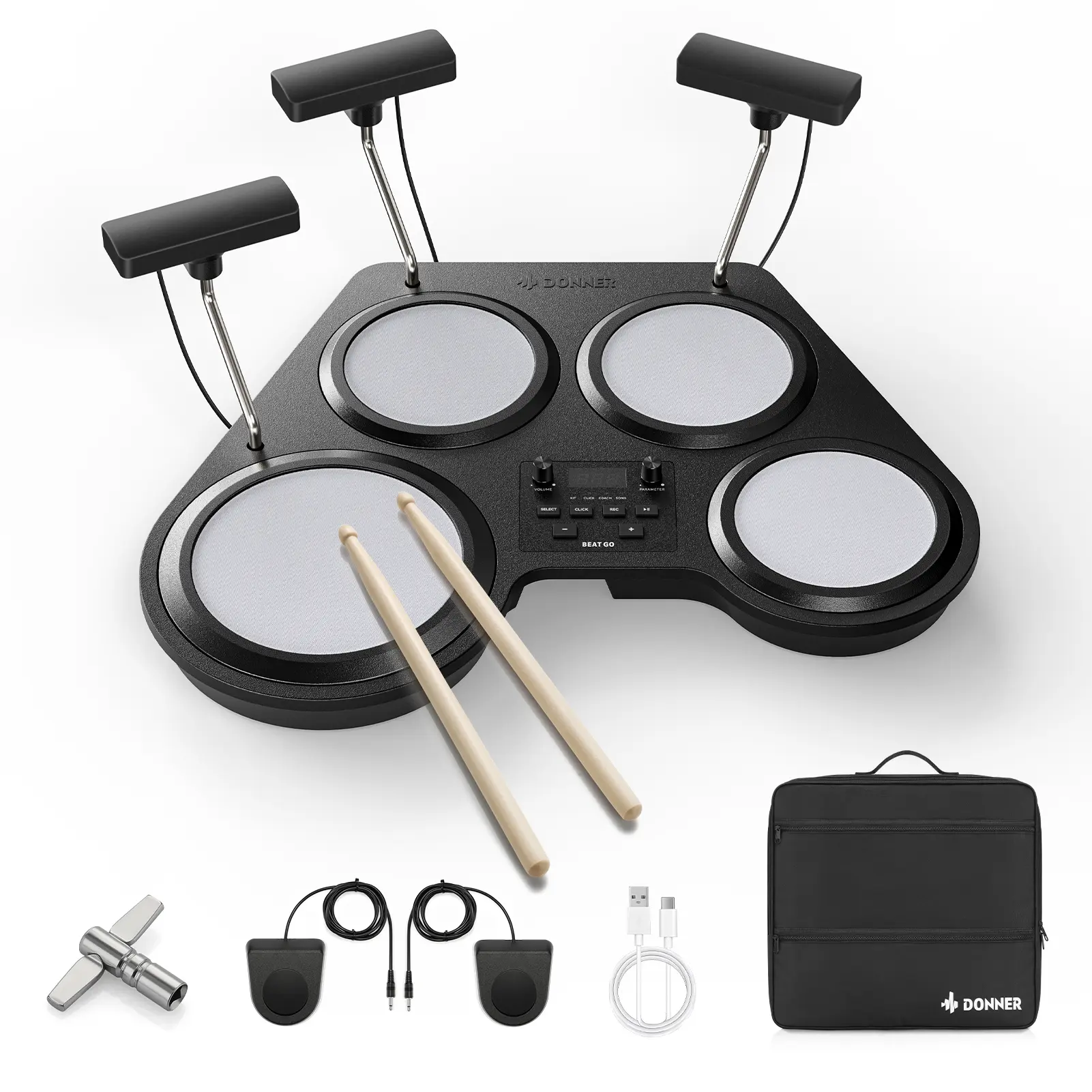 DONNER Beat Go Tabletop Electronic Drum Set with 15 Drum Kits 180 Voices & 30 Demo Songs Beginner Friendly Lightweight Portable Mesh Drum Heads & Compact Pedal