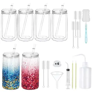 6-Pack 16oz Double Wall Clear Snowglobe Tumblers - Pre-Drilled Plastic Cups with Lids, Straws & Complete DIY Tool Kit | St. Patrick‘s Day Craft Drinkware, Spring Party Favors & Cold Brew Bottles