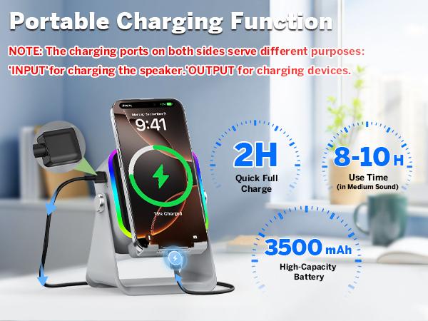 [SummerWins] 5-in-1 Wireless Induction Audio & Bluetooth Speaker with Phone Holder, 3500mAh Rechargeable Emergency Power Bank, 8 RGB Ambient Light, 360° Adjustable Mobile Tablet Stand– Gifts for Friends, Family