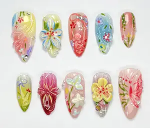 Spring Garden Bloom Press On Nails | Colorful Floral 3D Nail Art | Soft Pastel Press Ons | Handmade Elegant Set for Spring & Summer Flower Design Rhinestone