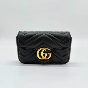 Pre-owned GUCCI leather Shoulder Bags Calfskin Matelasse Super Mini GG Marmont Black