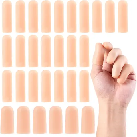 Nude Silicone Gel Finger Cots (30 Pcs, 2 Assorted Sizes) - Durable, Unscented, Prop 65 Safe Skin Protectors, Adjustable Custom-Fit, Flexible, Thumb Cut Cover, Water-Cleanable, Abrasion & Heat Resistant Manicure Nail Accessory For Sensitive Skin