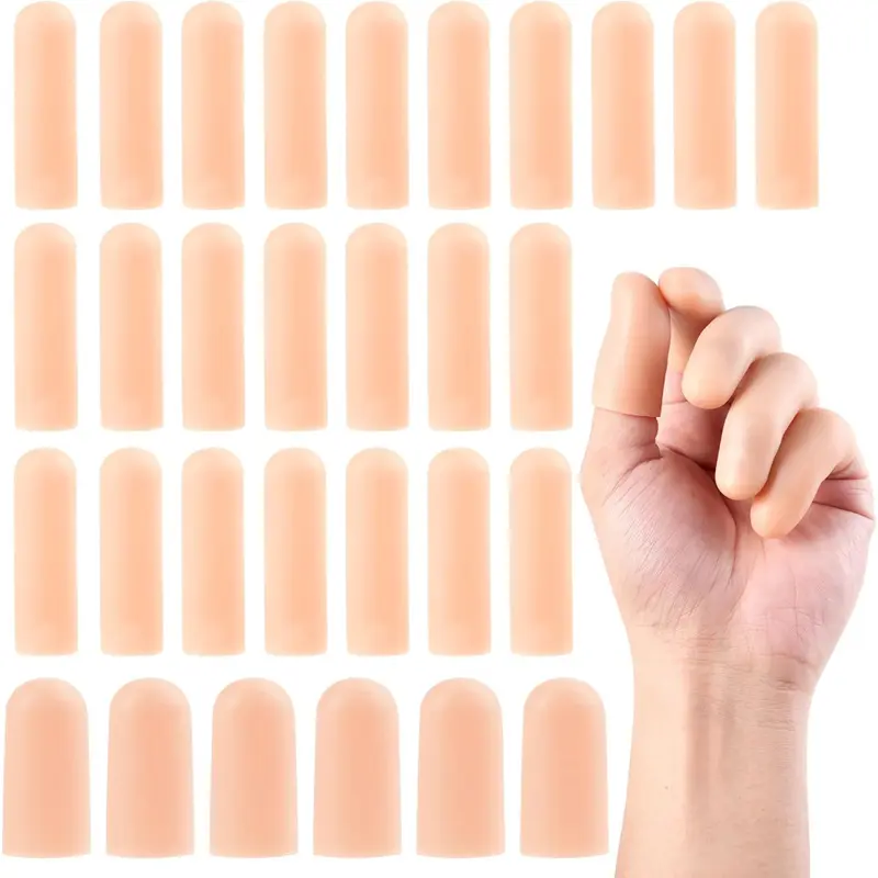 Nude Silicone Gel Finger Cots (30 Pcs, 2 Assorted Sizes) - Durable, Unscented, Prop 65 Safe Skin Protectors, Adjustable Custom-Fit, Flexible, Thumb Cut Cover, Water-Cleanable, Abrasion & Heat Resistant Manicure Nail Accessory For Sensitive Skin
