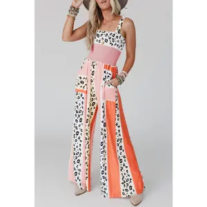 Pink Leopard Color Block Mix Print Pocketed Jumpsuit