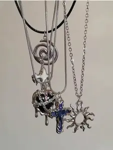 5pcs Vintage Punk Heart Necklace Set, Cross Swirl Sun Pendant, Unisex Party Jewelry, Mother's Day Gift, Graduation Season Present
