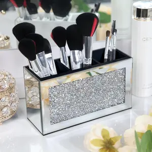Mirrored Makeup Brush Holder Organizer, 3 Slot Glass  Brushes Storage Holders with  Crushed , Cute Pen and Pencil Holder for Desk, Eyeliners Display Case for Vanity