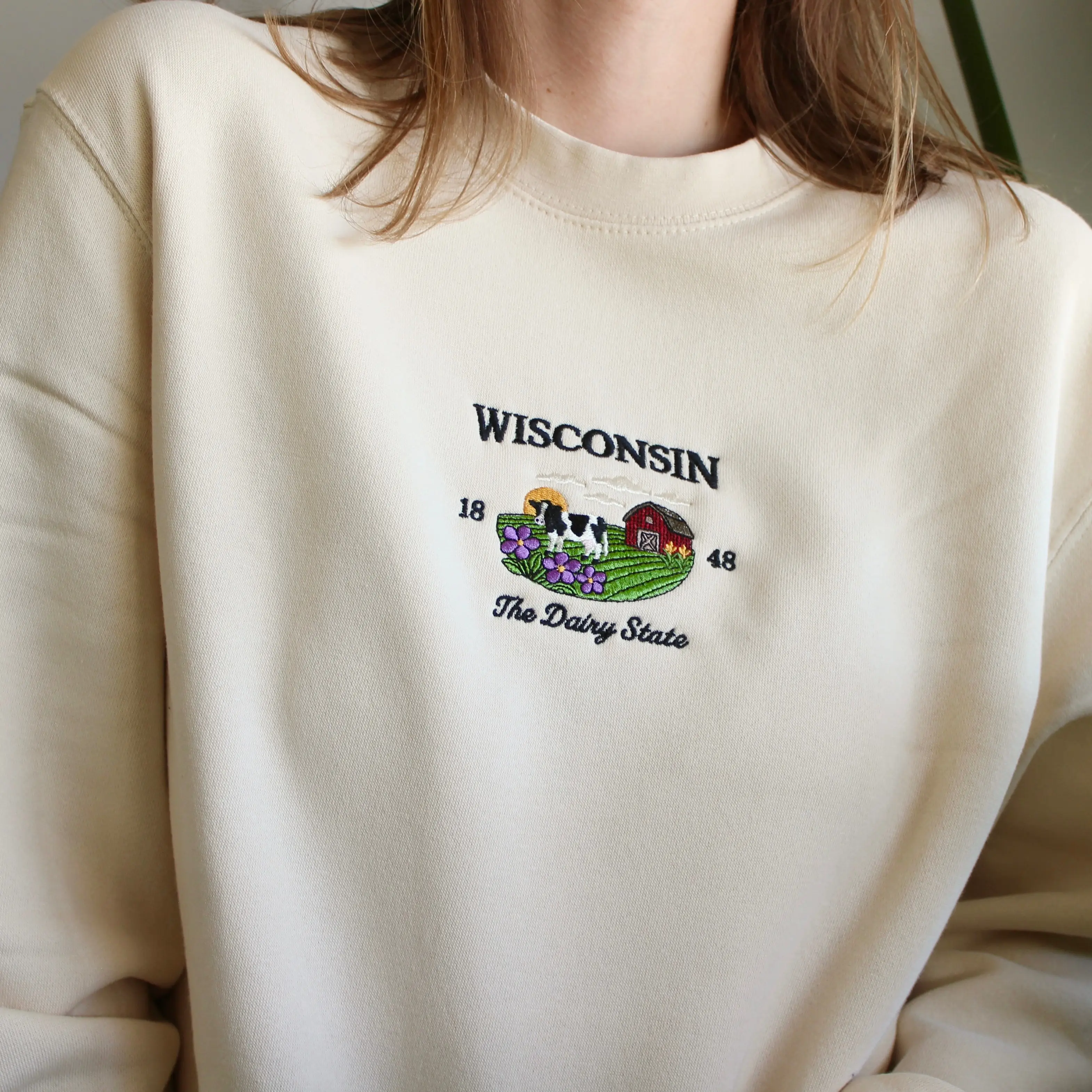 Wisconsin Dairy State Embroidered Crewneck Sweatshirt | Cute Midwest Crew Casual Pullover