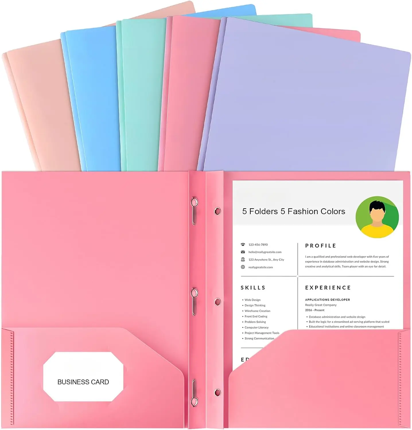 Two Pocket Folder With Prongs (5 Pack, Pastel Colors), Plastic Folders With Pockets and Business Card Holder, Fit Letter Size, for Organizing Papers in School, Office & Business