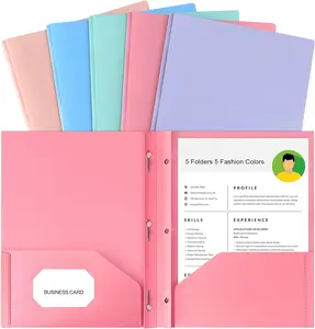 Two Pocket Folder With Prongs (5 Pack, Pastel Colors), Plastic Folders With Pockets and Business Card Holder, Fit Letter Size, for Organizing Papers in School, Office & Business