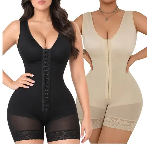 Women's Colombian Fajas Shapewear - Zip Up, Tummy Control, Butt Lifter, Body Contouring, V-Neck, Minimalist Chic, Zipper Crotch, Detachable Shoulder Straps - Comfortable for Work, Night - Black