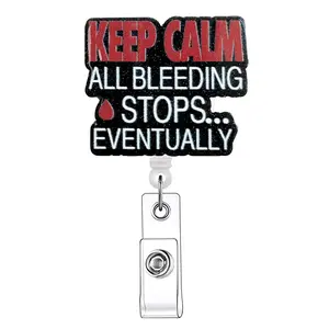 Keep Calm Letter Pattern Retractable Badge Reel, 1 Count Acrylic ID Holder with Clip for Nurses, Doctors, Students & Office Staff