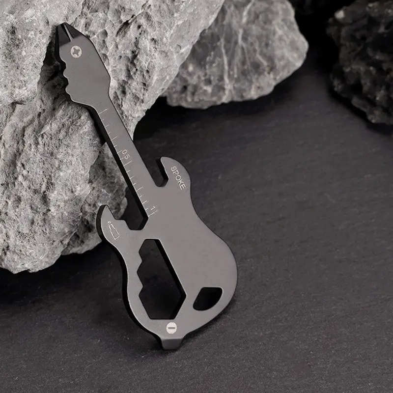Guitar Wrench Bottle Opener Keychain Multi-Tool Card Holder, Portable Camping Outdoor Accessory, Multifunctional Dual Head Adjustable Wrench