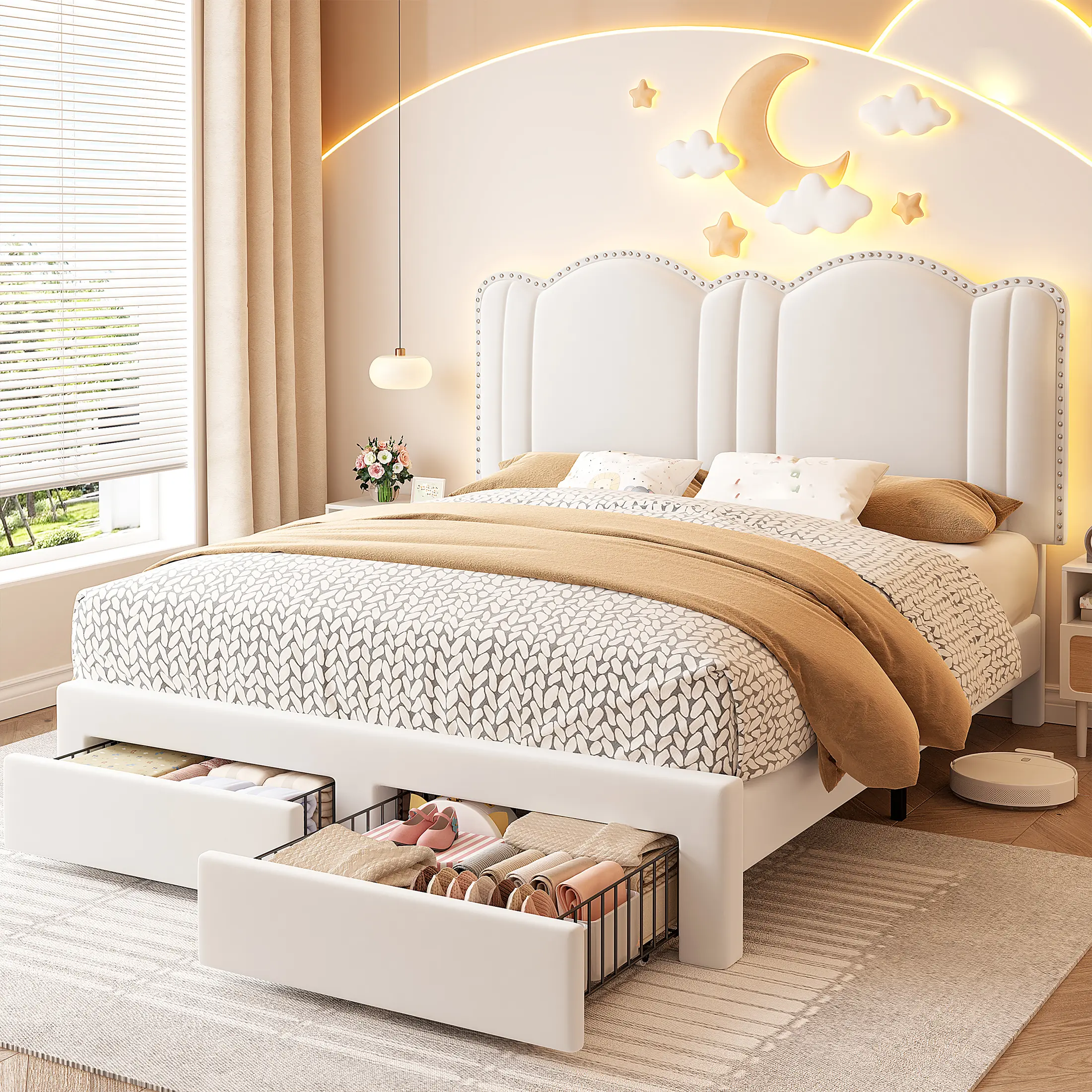 Raybee Furniture Velvet Princess Bed Frame for Queen Size with adjustable Headboard and LED Lights, Metal Platform Bed Frame, NO Noise, No Box Spring Needed [Black Friday]