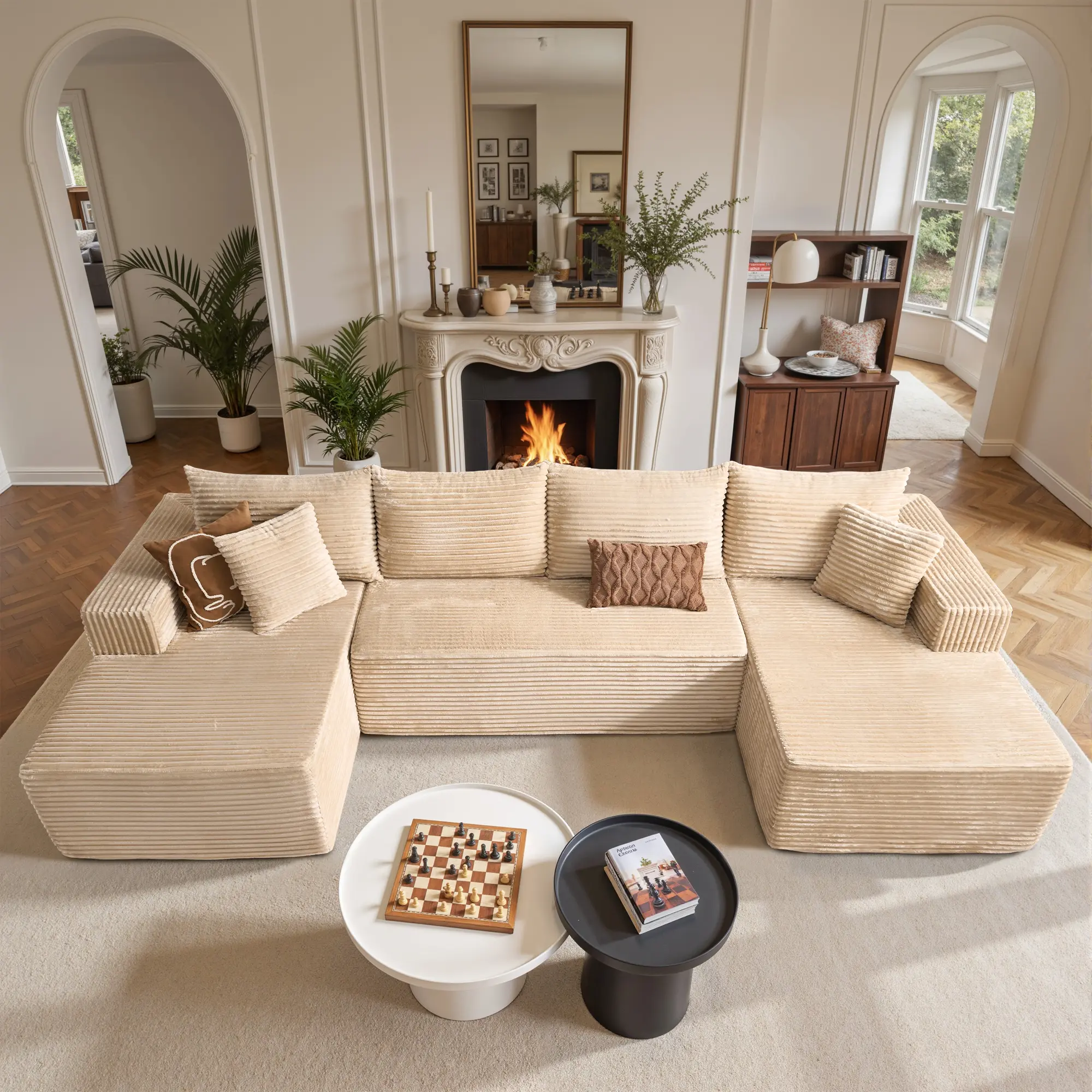 135“ U Shape Sofa Beige Plush Corduroy