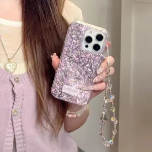 Fashion Flower Pattern Phone Case with Chain, Decorative Phone Protector Cover, Phone Accessories Compatible with iPhone 11 12 13 14 15 Pro Max, Casing