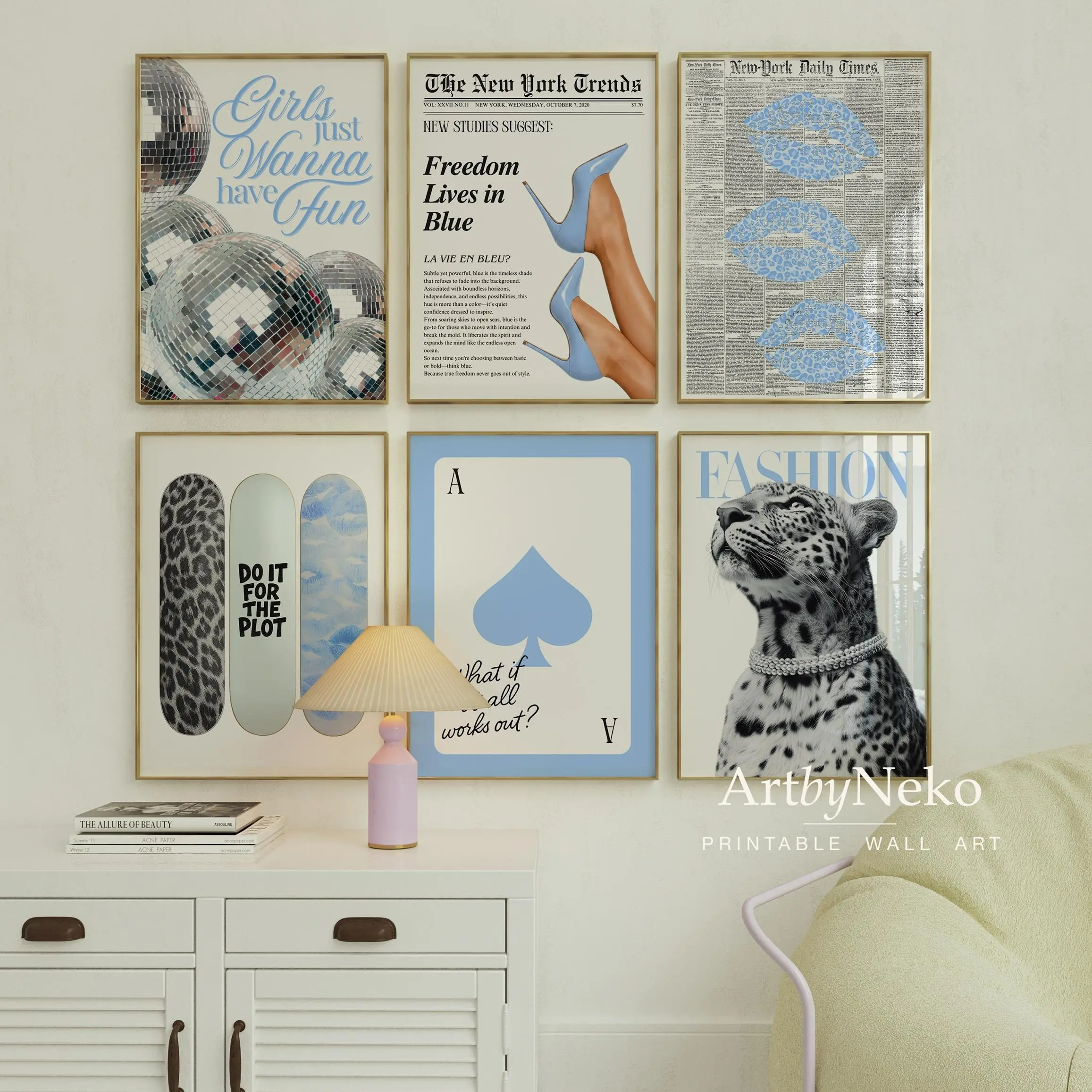 Baby Blue Gallery Wall Set of 6 Print Unframed, Disco Ball & Leopard Lips Prints, Ace of Spades Poster, Blue Baddie Dorm Art