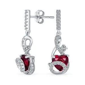 Sterling Silver Romantic Ruby Red CZ Infinity Swirl Heart Shape Dangling Earrings Accent