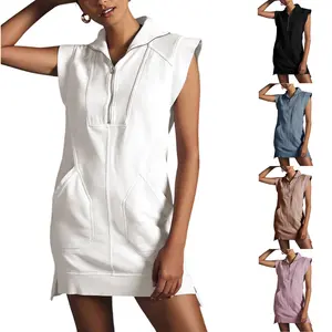 SCUSTY Womens Half Zip Sweatshirt Dresses Tops Mini Dress Summer V Neck Sleeveless Pullover Tunic