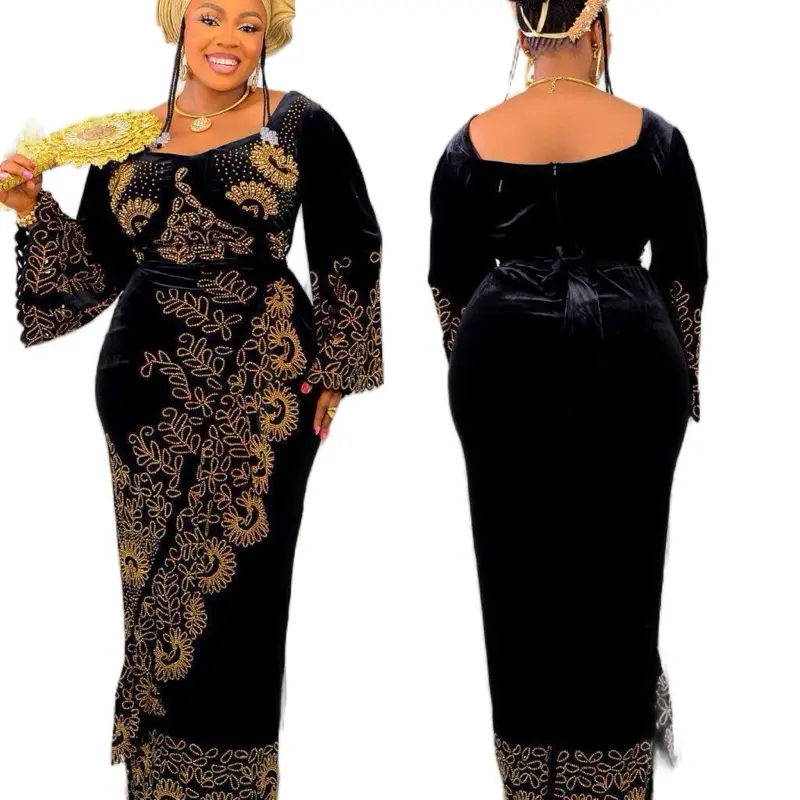Stylish African Party Velvet Wrapped Illusion Dress,Embroidery Black & Gold Elegant Traditional Clothing Womenswear, Iro Dress Attire for Celebrants, Birthdays, Baby Shower & Naming, Mother of the day attire Lace Formal long sleeves