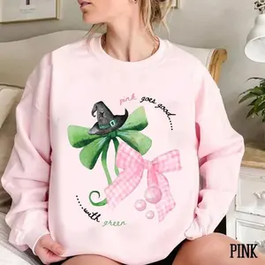 Wicked the Movie Sweatshirt Hoodie, T-Shirt, Wicked Inspired Bow Pink Goes Good With Green Broadway Movie Elphaba Glinda Coquette Glitter Tee, Wizard of Oz