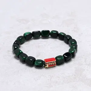 Green Tiger Eye Natural Gemstone Stretch Bracelet With London Routemaster Bus Accent Bead