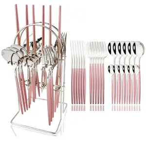 25-piece Forks and Spoons Silverware Set with Stand, Metal Tableware Cutlery Set Pink and Silver Plated Stainless Steel Flatware Set,Service for 6,Mirror Polished
