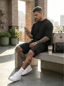 Men's 2-Piece Aesthetic Streetwear Activewear Set - Polyester Short-Sleeve T-Shirt Top, Cargo Shorts Tracksuit, Urban Summer Menswear with Multiple Pockets, Durable Fabric