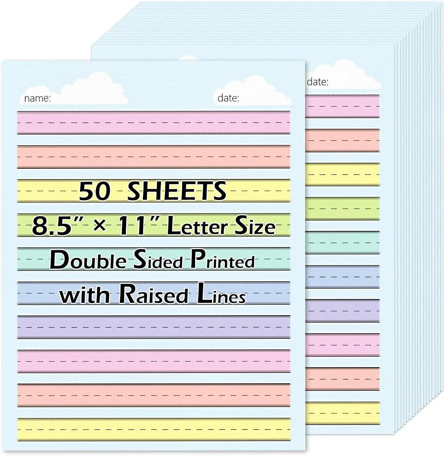50 Sheets Multi-Color Raised Line Paper for Handwriting Practice, Wide Ruled Kindergarten Writing Paper, Double Sided, 8.5x11 inches