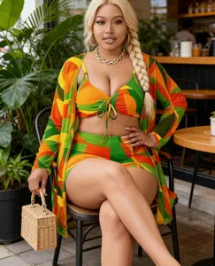Women's Plus Size Multi-Color Knitted Backless Short Random Print Seamless High-Stretch Swimwear Set - 90% Polyester, 10% Elastane Brazilian Bikini