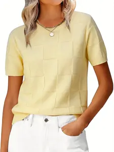 Women's Casual Knit Pullover Top, Solid Color, Short Sleeve Design, Spring/summer Series, Lightweight Comfortable, Ideal for Daily Wear