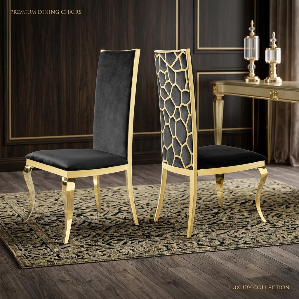7 Pieces Modern Luxury Oval Dining Table and Chairs set, Elegant Household Kitchen Table with 6 Plush Black Velvet Padded Seats, Sleek Tempered Glass Tabletop & Shiny Gold Stainless Steel Support Legs, Stylish Kitchen Home Furnishing