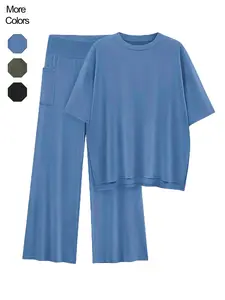 Women's Casual Two-Piece Set, Short Sleeve Wide Leg Pants, Fashionable Home Wear, Comfortable All-Season, Plain Style