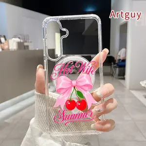 Magnetic Soft Case for Samsung Galaxy S26 Edge S23 Ultra S24 Plus FE S25 S22+ Cherry Bow Summer Pattern Anti-Yellowing Shockproof ultra-thin Silicone Crystal Transparent Acrylic Large Hole Cover Supports Wireless Charging
