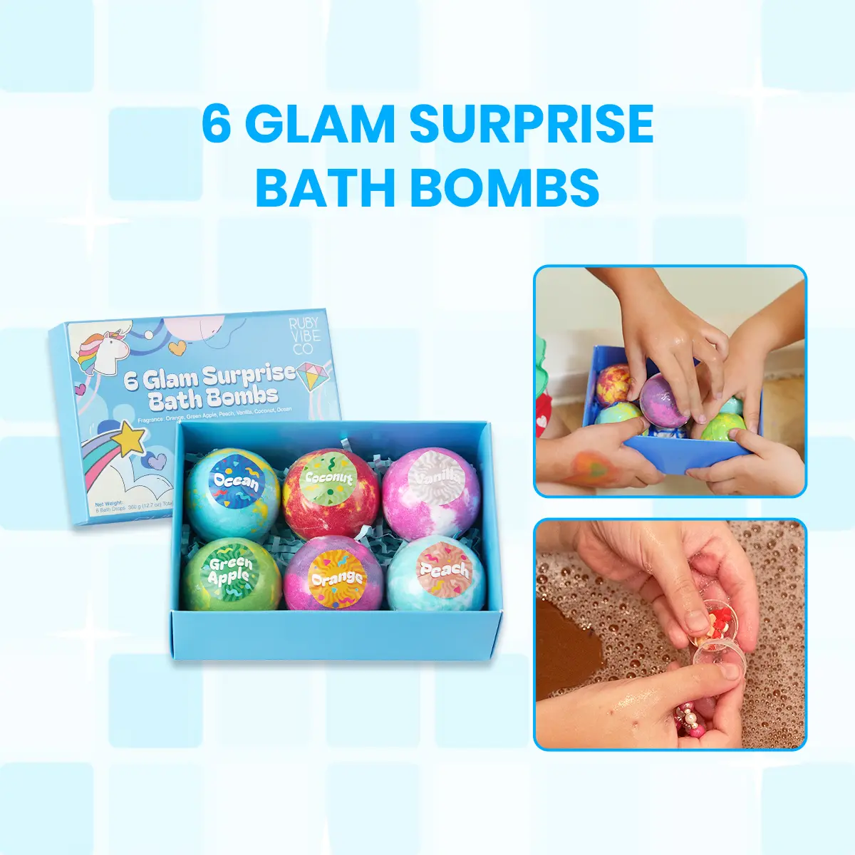 RUBY VIBE CO 6 Glam Surprise Bath Bombs, Colorful Fizzy Set with Hidden Ring Charm or Bracelet Inside, Skin-Friendly, Non-Toxic, Skin Hydrating & Soothing Bath Bomb Foam for Kids Spa