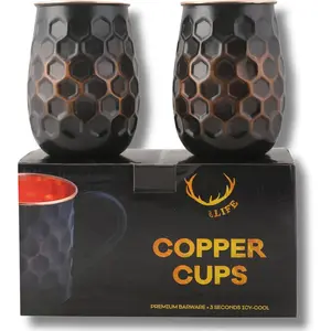 16 Oz Pure Copper Honeycomb Tumblers for Drinking Water Cups Mugs Glasses Set of 2, Solid Moscow Mule Tall Black Tumbler Cup Mug Tankard Glass with No Handle, Brushed/Large, Unlined