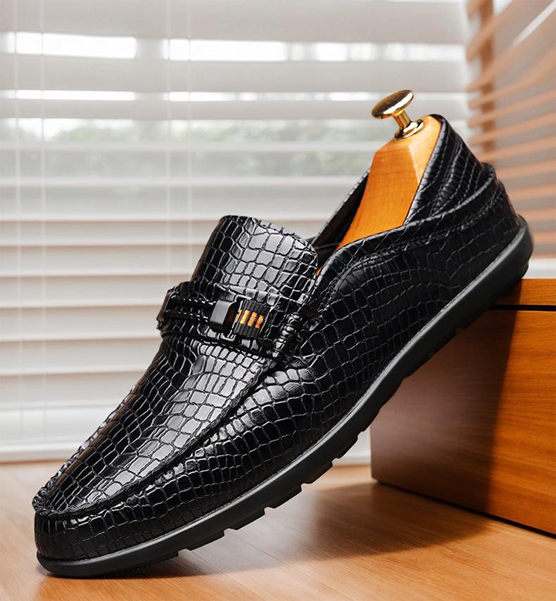Men's Croc-Embossed Metal Bit Loafers, Black & Brown Formal Slip-On Leather Shoes25328