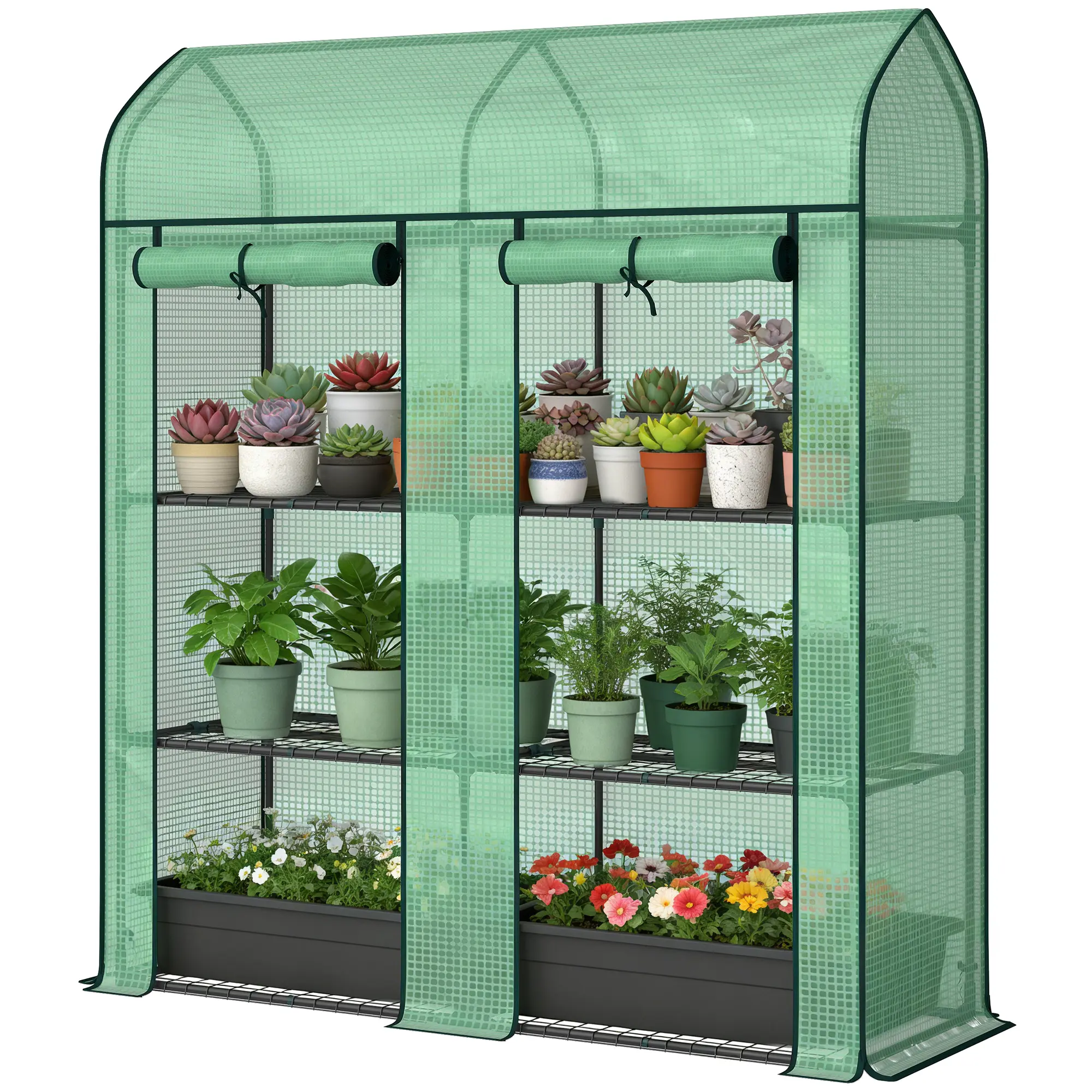 3 Tier Mini Greenhouse for Home Garden, Small Portable Greenhouse with 2 Roll-up Doors, 56.3" x 18.1" x 65", Green Plant Germination Equipment