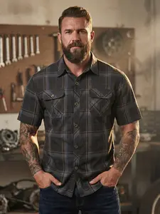 Men's Rugged American Workwear Classic Fitted Short Sleeve Plaid Checked Casual Shirt, Dual Patch Pockets, Durable Wrinkle-Resistant Fabric, Tough & Practical for Work