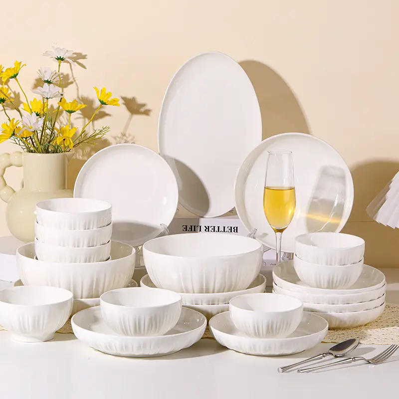 12pcs Commercial Grade Ceramic Dinnerware Set, Heavy-Duty Restaurant Plates, Bowls & Spoons, Dining Plate Set, Tableware Set, Plates And Bowls Sets, Dishwasher Safe, No Assembly Needed, Tableware Dinnerware Sets, Dishware Set