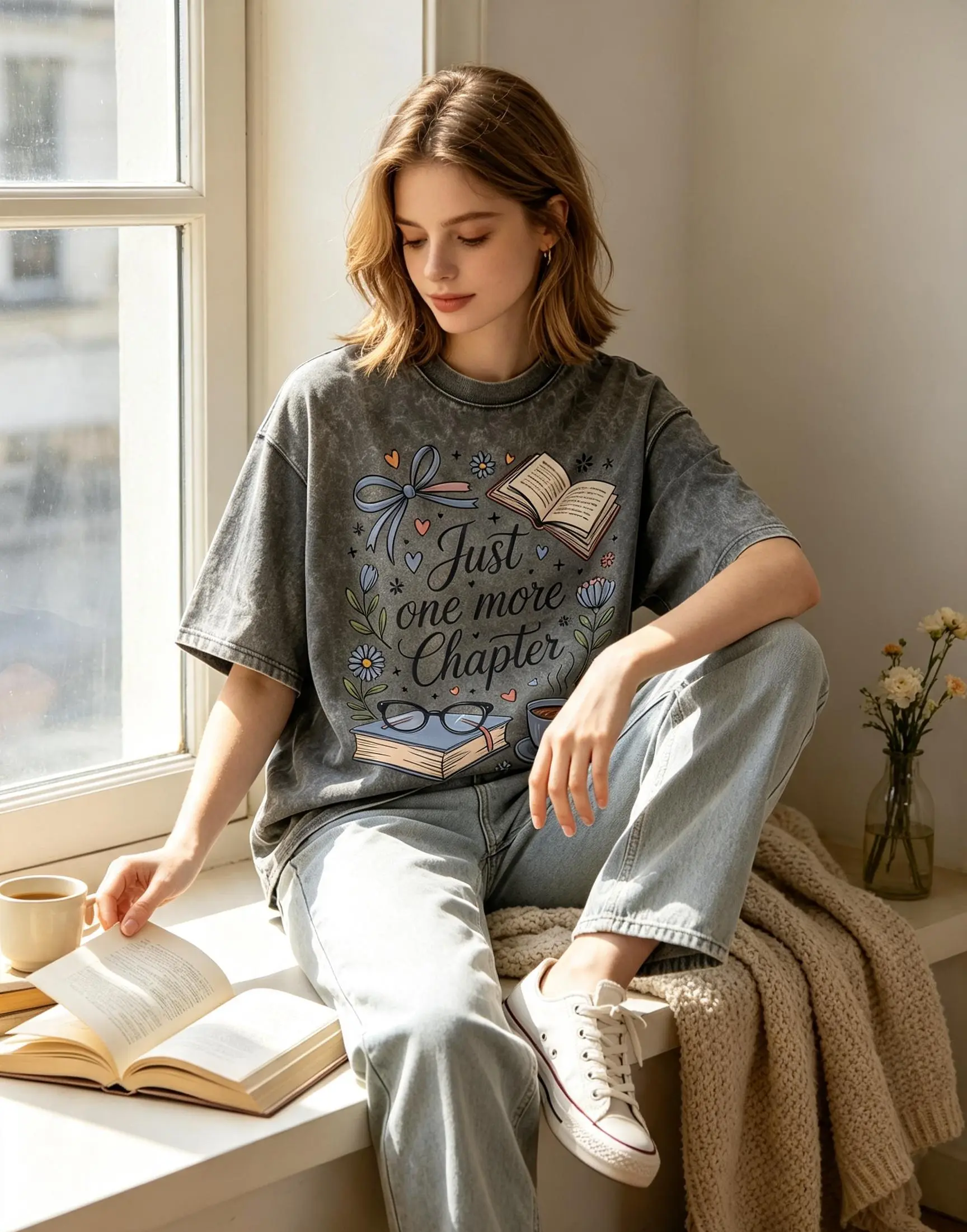 Just One More Chapter Shirt, Book Lover Shirt, Librarian Apparel, Bookworm Gift, Coffee and Book Shirt, Floral Bookish Shirt, Casual Cotton Fabric Graphics