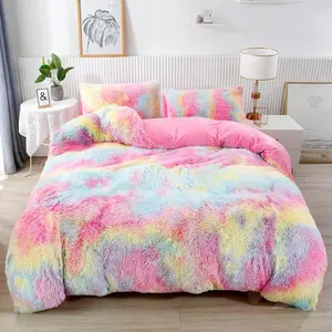 3Pcs Rainbow Girls Bedding Sets Twin Size Ultra Soft Long Hair Plush Shaggy Duvet Cover with Pillowcases Colorful Tie Dye Bedding Set with Hidden Zipper Closure (Colorful Pink,Twin)