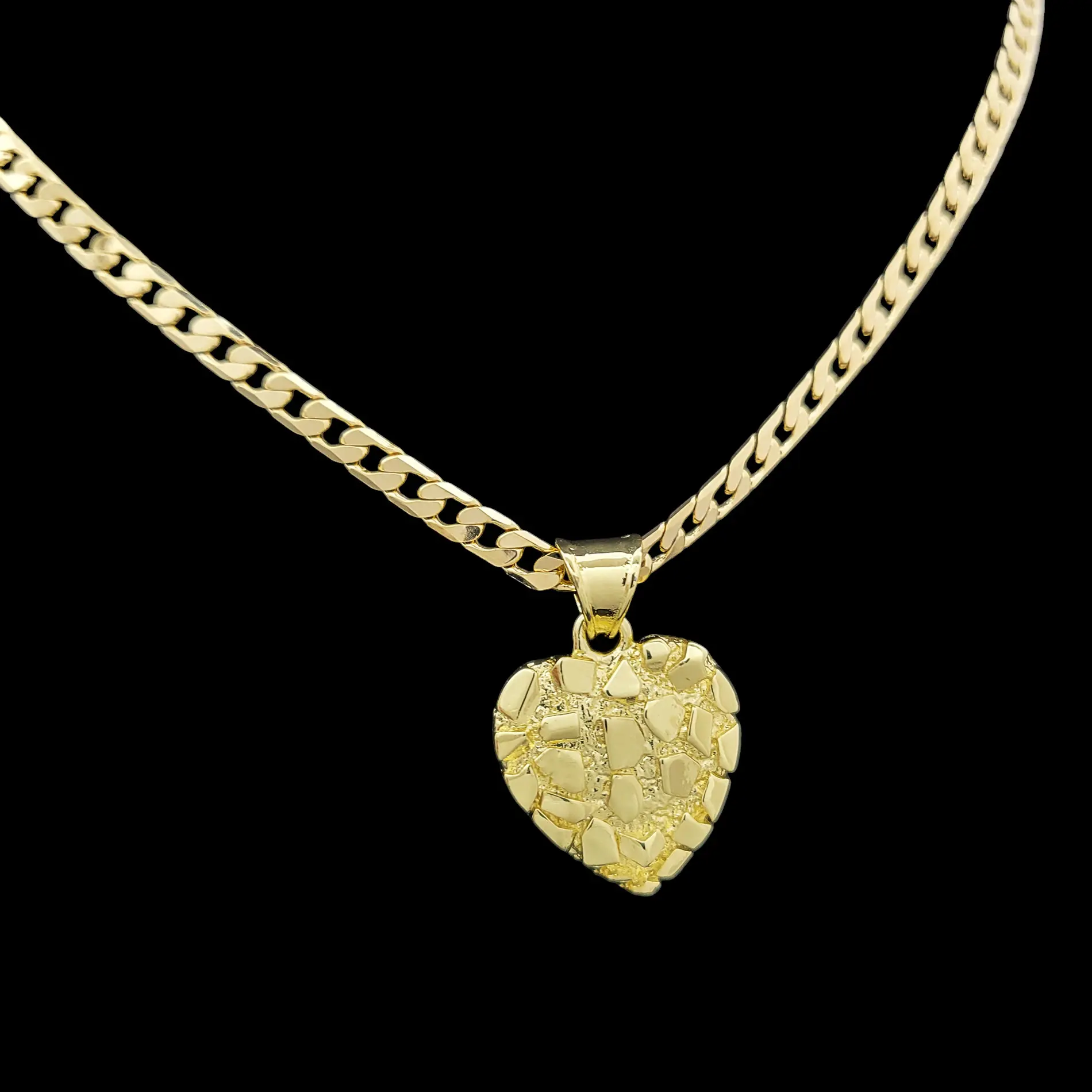 MaxBling81 14K Real Gold Plated Brass Golden Nugget Heart Pendant & 14K Stamped 4mm Cuban Chain Necklace Gift Set, 20"-24" Length, Unisex Jewelry for Daily Wear, Birthday Gifting