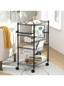 4 Tier Rolling Carts, Metal Wire Utility Cart With Wheels & Handle Bar, 110 Lbs Heavy Duty Kitchen Serving Trolley Food Storage Cart For Restaurant, Kitchen Mobile Shelf Organizer, Black