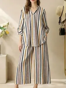 Women's Striped Print Set V-Neck Top Casual Long Pants Two-Piece, Stylish Comfortable Fashion for Daily Wear