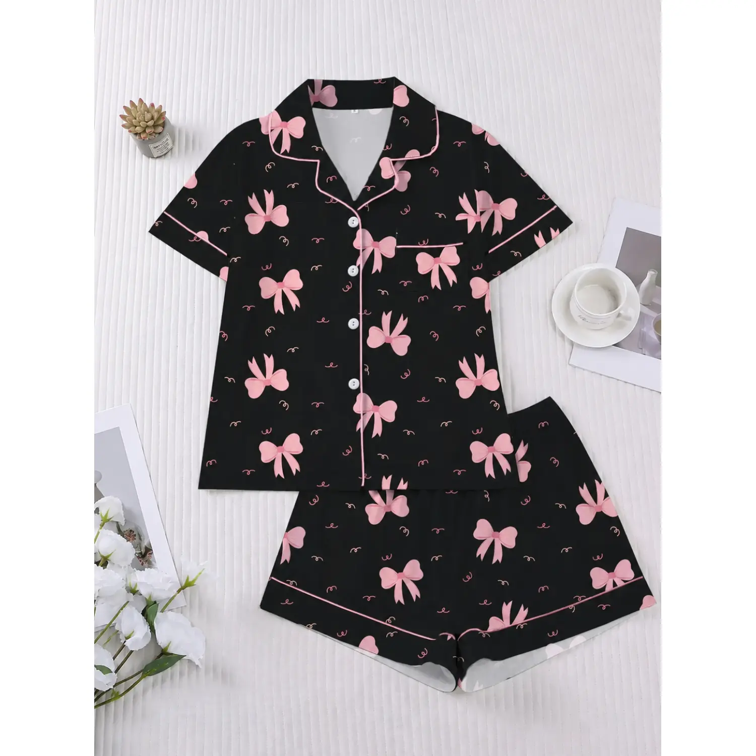 Valentine's Day Women's Pajama Set - Bow Print Short Sleeve Button-Up Top and Elastic Shorts Loungewear