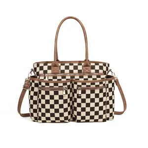 Padded checkboard tote bag — fashionable, versatile, large-capacity black-and-white plaid multifunctional shoulder/crossbody bag; mail carrier bag, weekend travel bag, women’s work bag, maternity bag