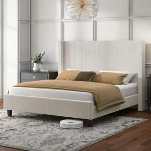 [SummerVibes]【Bed Frame Only】VanAcc Upholstered Platform Bed Frame, Wingback Bed with 50.8" Headboard, Modern Corduroy Design, Solid Wood Leg/No Box Spring Needed, Unique Bedroom Furniture