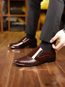 Business Men's Formal Shoes, Office Shoes, PU Leather Striped Design, Above Ankle Height, Rubber Sole, All-Season Footwear, Slip-On Convenience